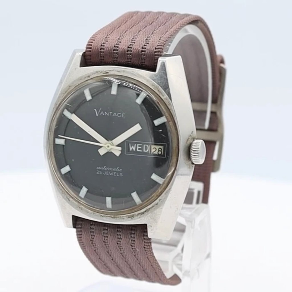 Vintage Vantage Black Day Date Mens Automatic Wristwatch Usa Stainless Steel